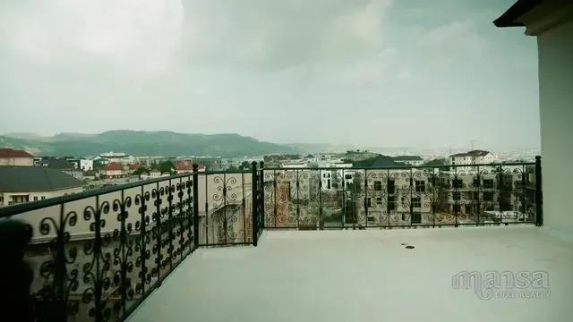A rooftop terrace with an ornate iron railing, overlooking the neighbourhood and distant hills